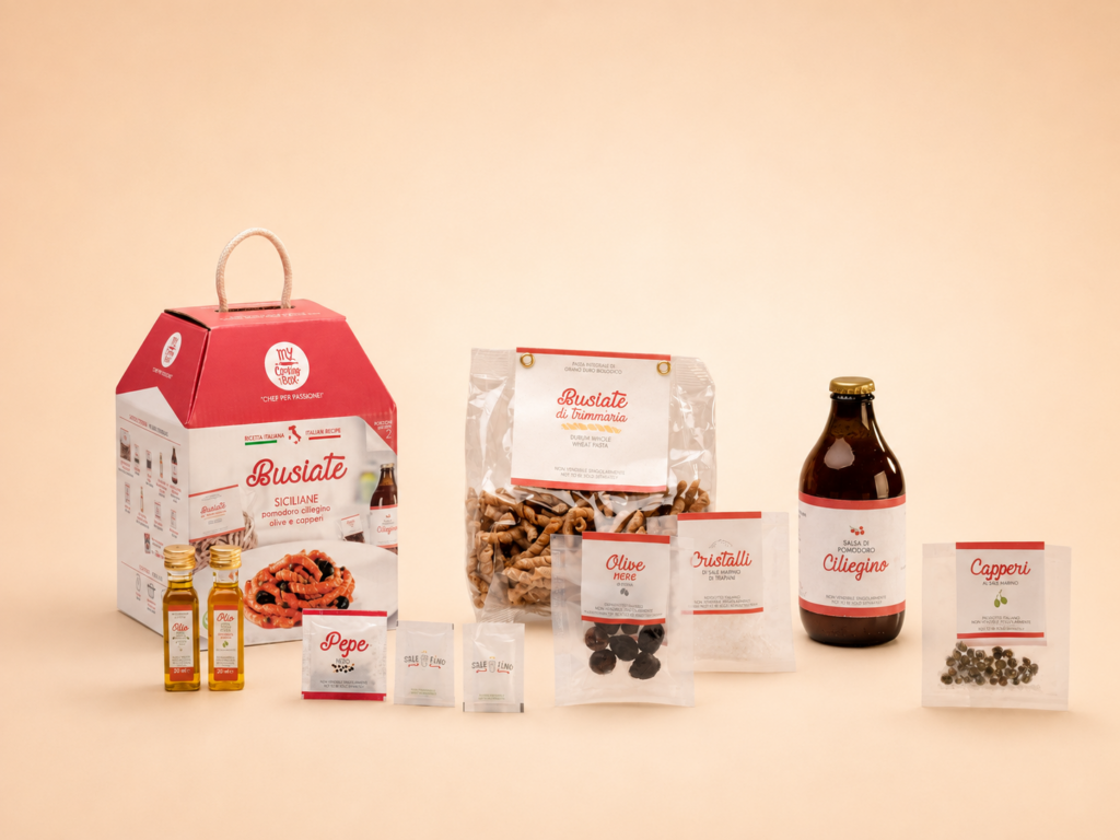 Kit of Sicilian busiate, cherry tomatoes, olives and capers