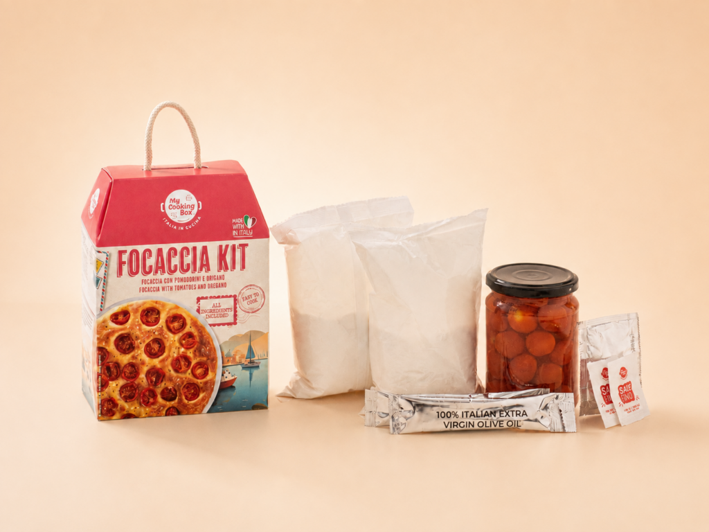 Focaccia kit with cherry tomatoes and oregano