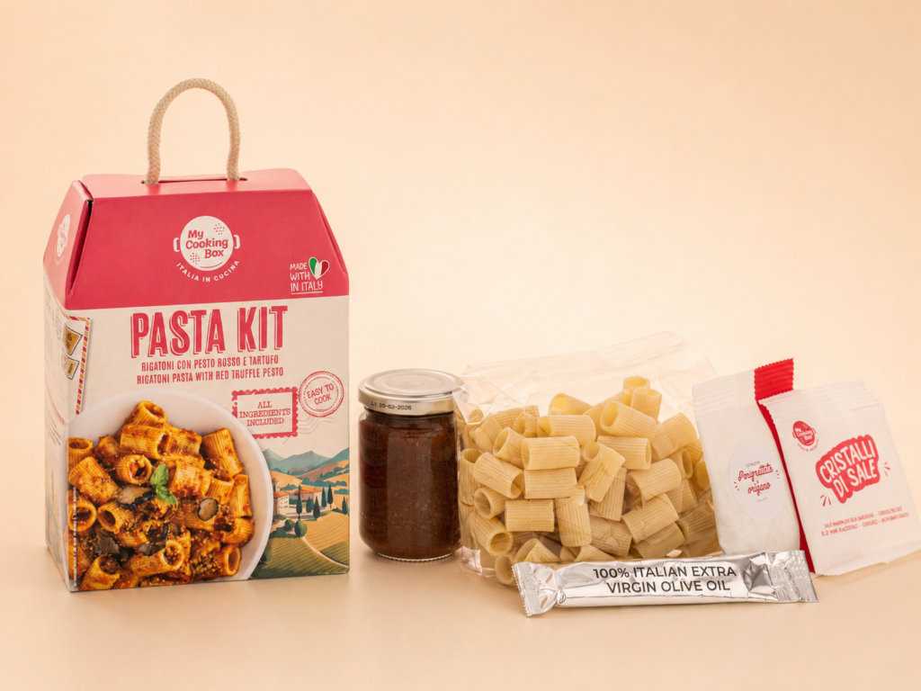 Rigatoni with red pesto and truffle